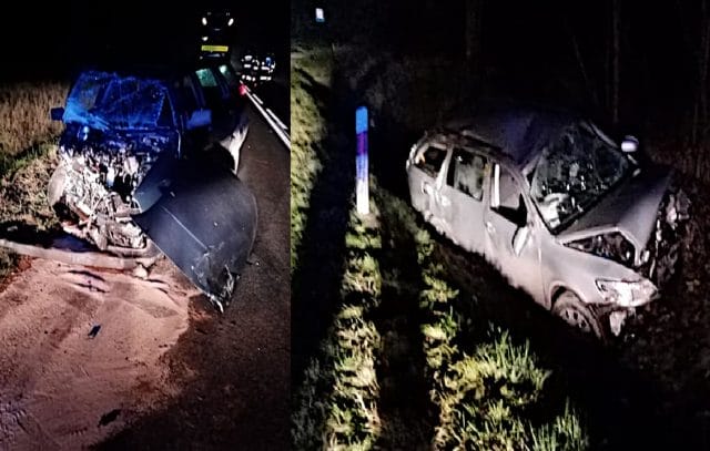 ZDERZENIE VOLKSWAGENA ZE SKODĄ NA DK15 NA TRASIE LUBAWA - OSTRÓDA. 2 OSOBY W SZPITALU 16 slj