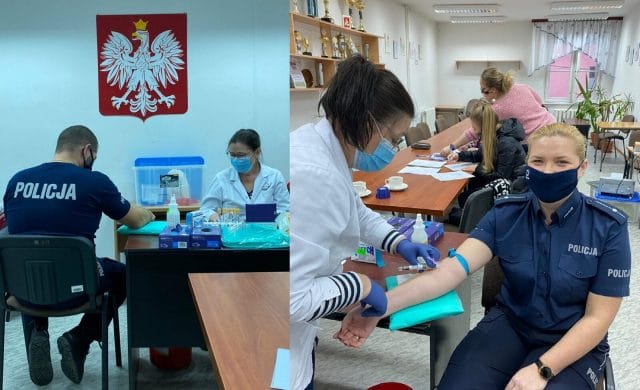 W MORĄGU POLICJANCI OZDROWIEŃCY I ICH RODZINY ODDAJĄ OSOCZE DLA CHORYCH NA COVID-19 15 policjanci slijder