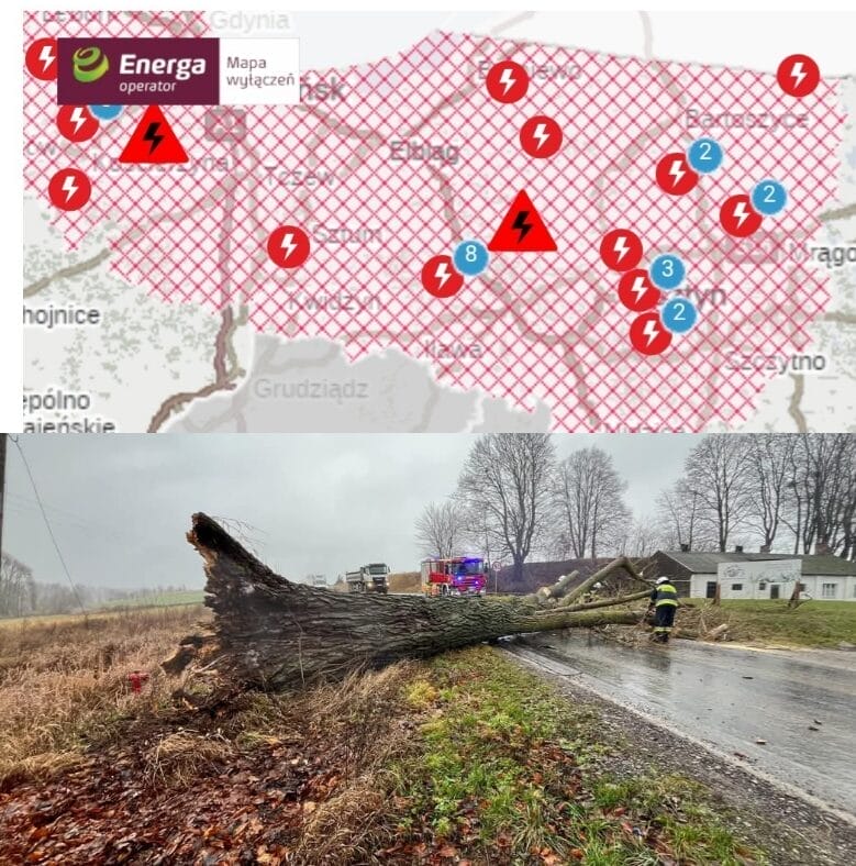 Silny wiatr sieje spustoszenie na Warmii i Mazurach: setki interwencji strażaków, tysiące odbiorców bez prądu 1 20241216 180910 0000