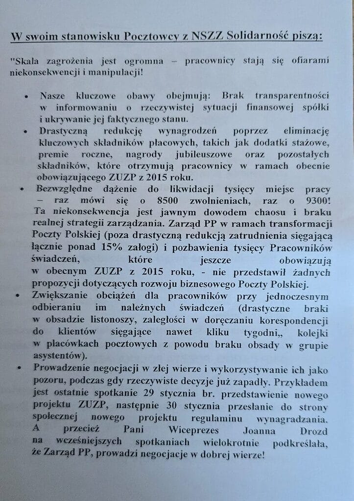 Protest pracowników Poczty Polskiej w Ostródzie – Solidarność walczy o prawa pracowników 11 Ulotka Protest Przed Posczta W Ostrodzie Str2