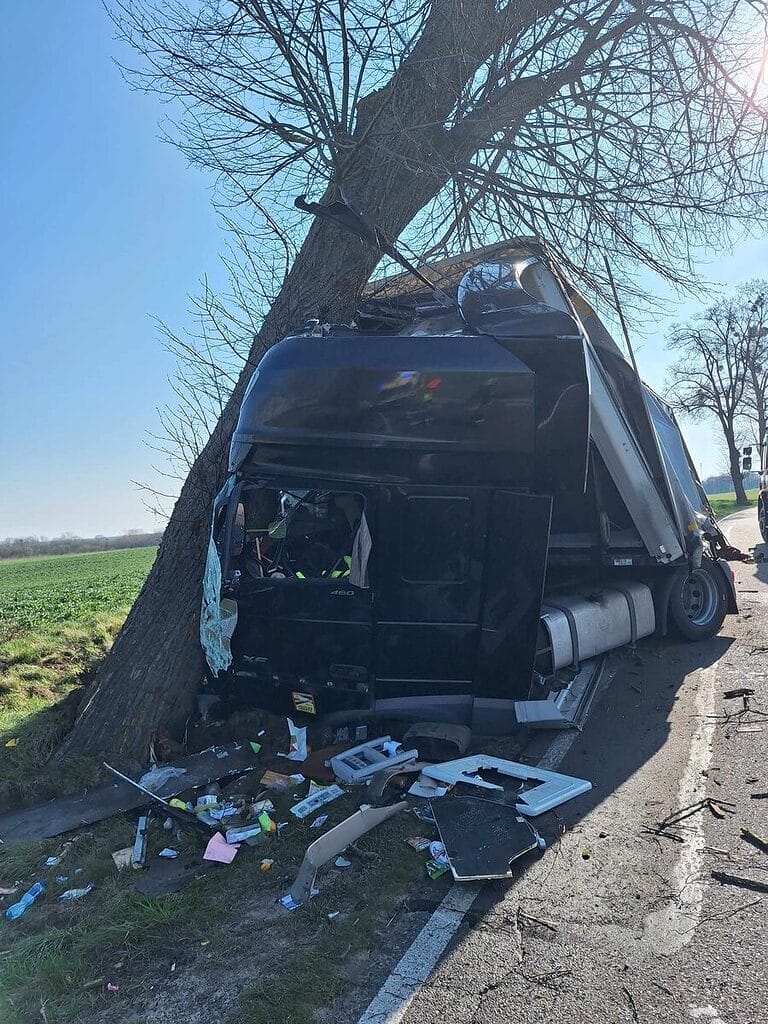 Wypadek na drodze wojewódzkiej 537. Ciężarówka uderzyła w drzewo 14 Zdjęcie Z Wypadku Na Drodze Wojewódzkiej 537