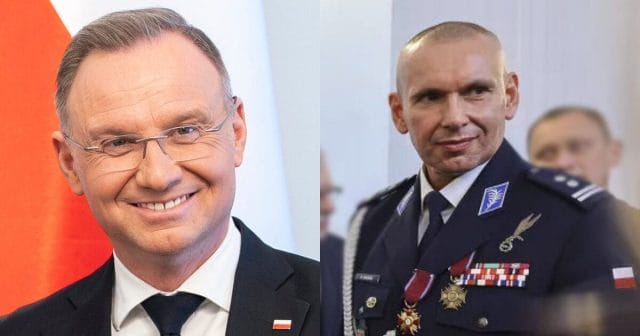 Złoty Krzyż Zasługi dla mł. insp. Marcina Danowskiego. Prezydent Andrzej Duda wyróżnił ostródzianina 14 kolaz Danowski Duda