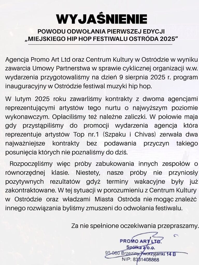 Hip Hop Festiwal Ostróda 2025 odwołany. Organizatorzy ujawniają powody decyzji 11 Oswiadczenie Hip Hop 2